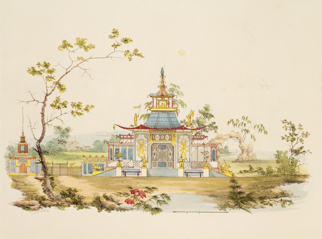 Design til et kinesisk tempel, ca. 1810 (pen og blæk og wc på papir) af G. Landi