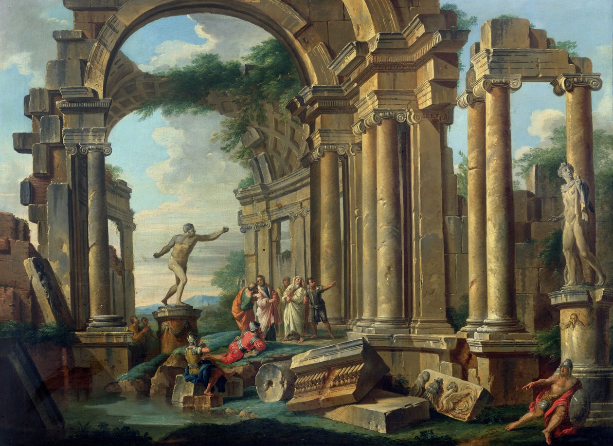 En arkitektonisk capriccio med statuer af krigeren Agasias og Apollon Belvedere af Giovanni Paolo Pannini