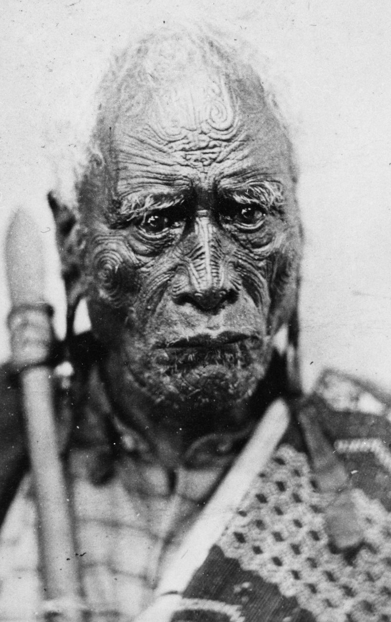 Portræt af en maorimand, Taraia Ngakuti te Tumuhuia, med "Moko"-ansigtstatoveringer, ca. 1860
