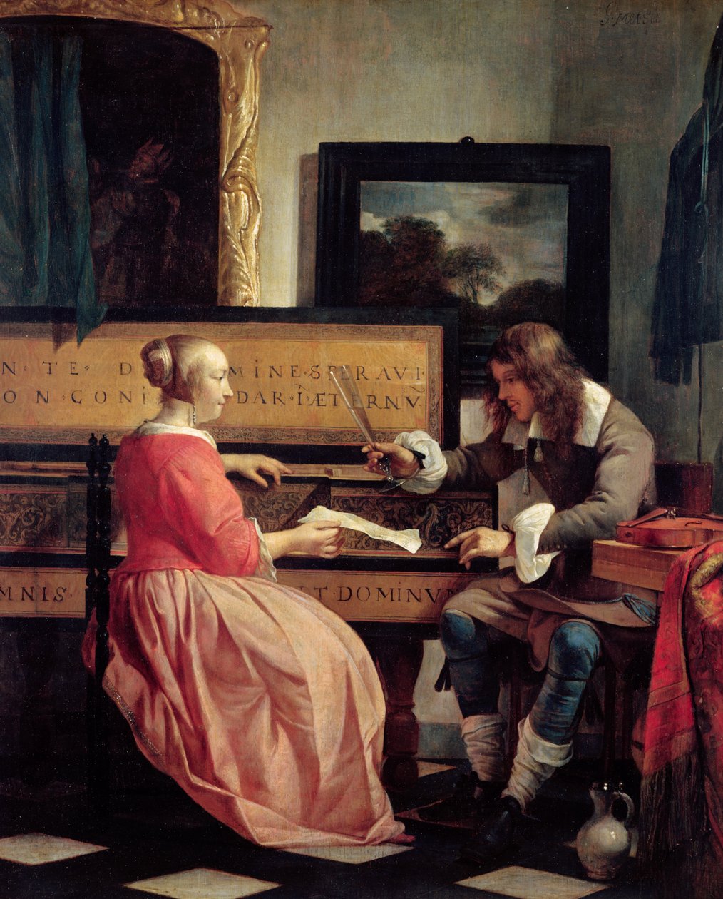 En mand og en kvinde siddende af en jomfru, c.1665 af Gabriel Metsu