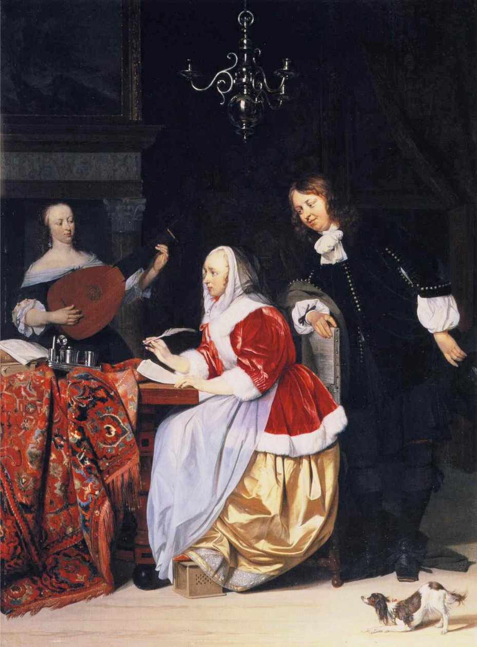 En ung kvinde, der komponerer musik af Gabriel Metsu