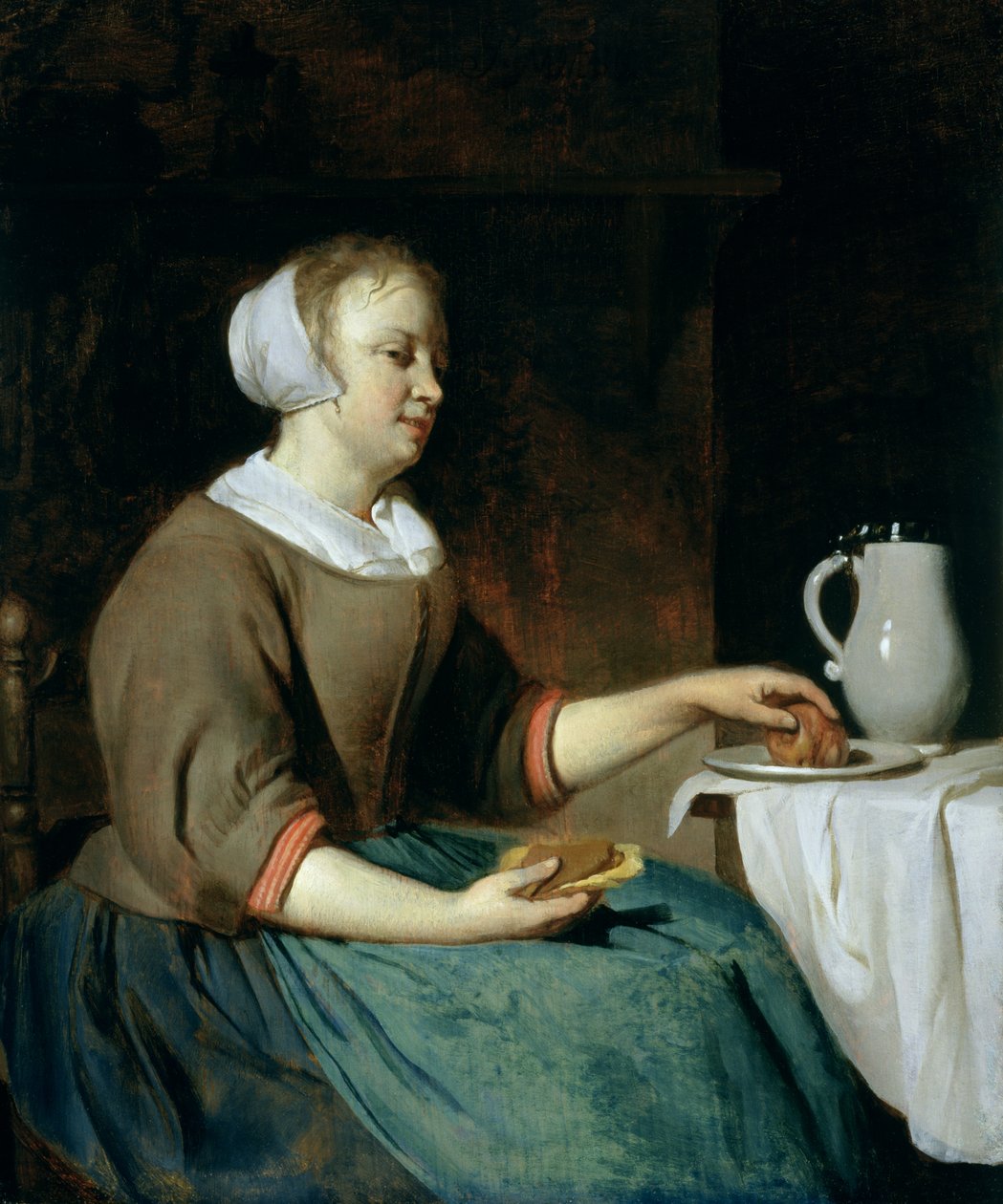 Portræt af en pige, der sidder ved et bord af Gabriel Metsu