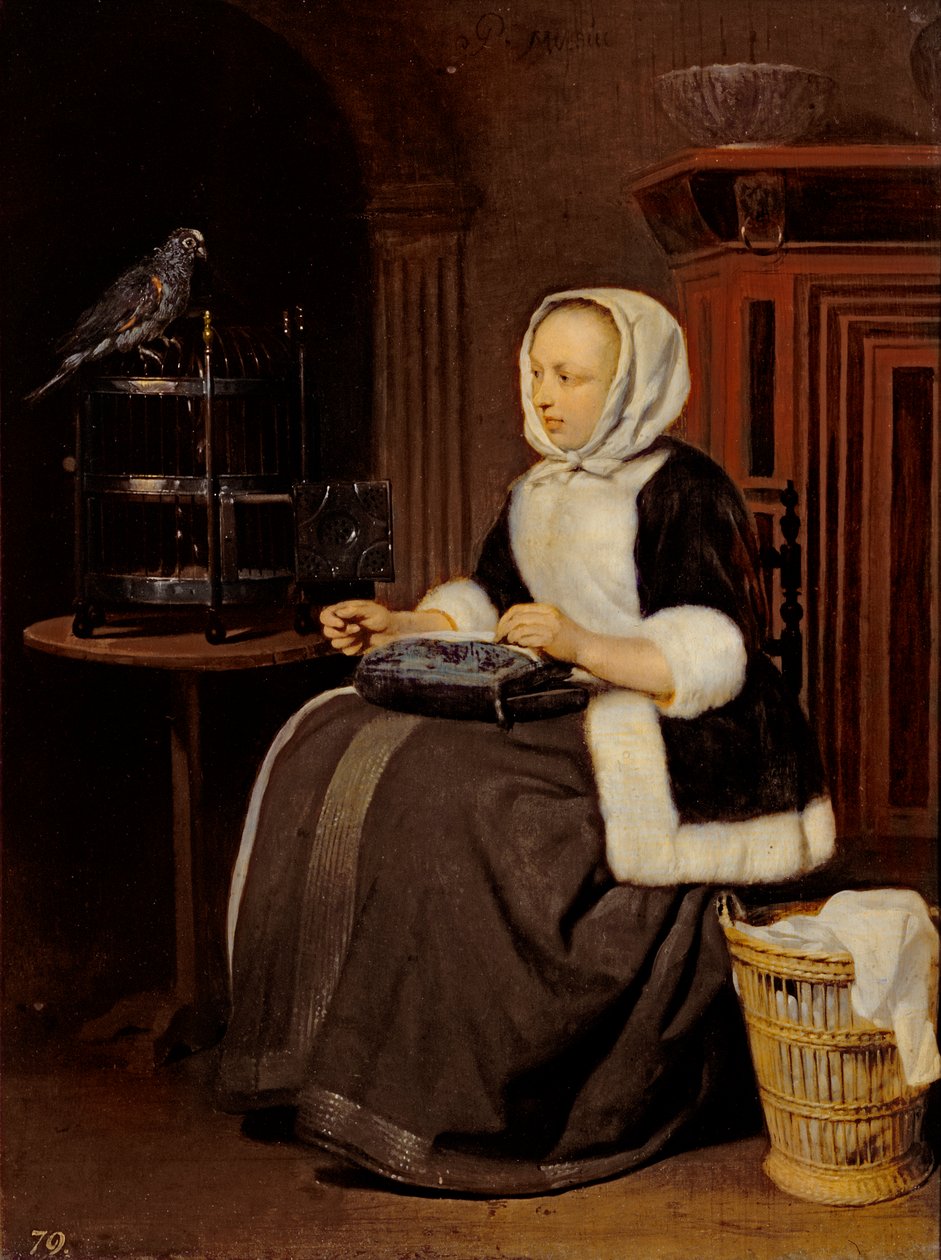 Ung pige på arbejde af Gabriel Metsu