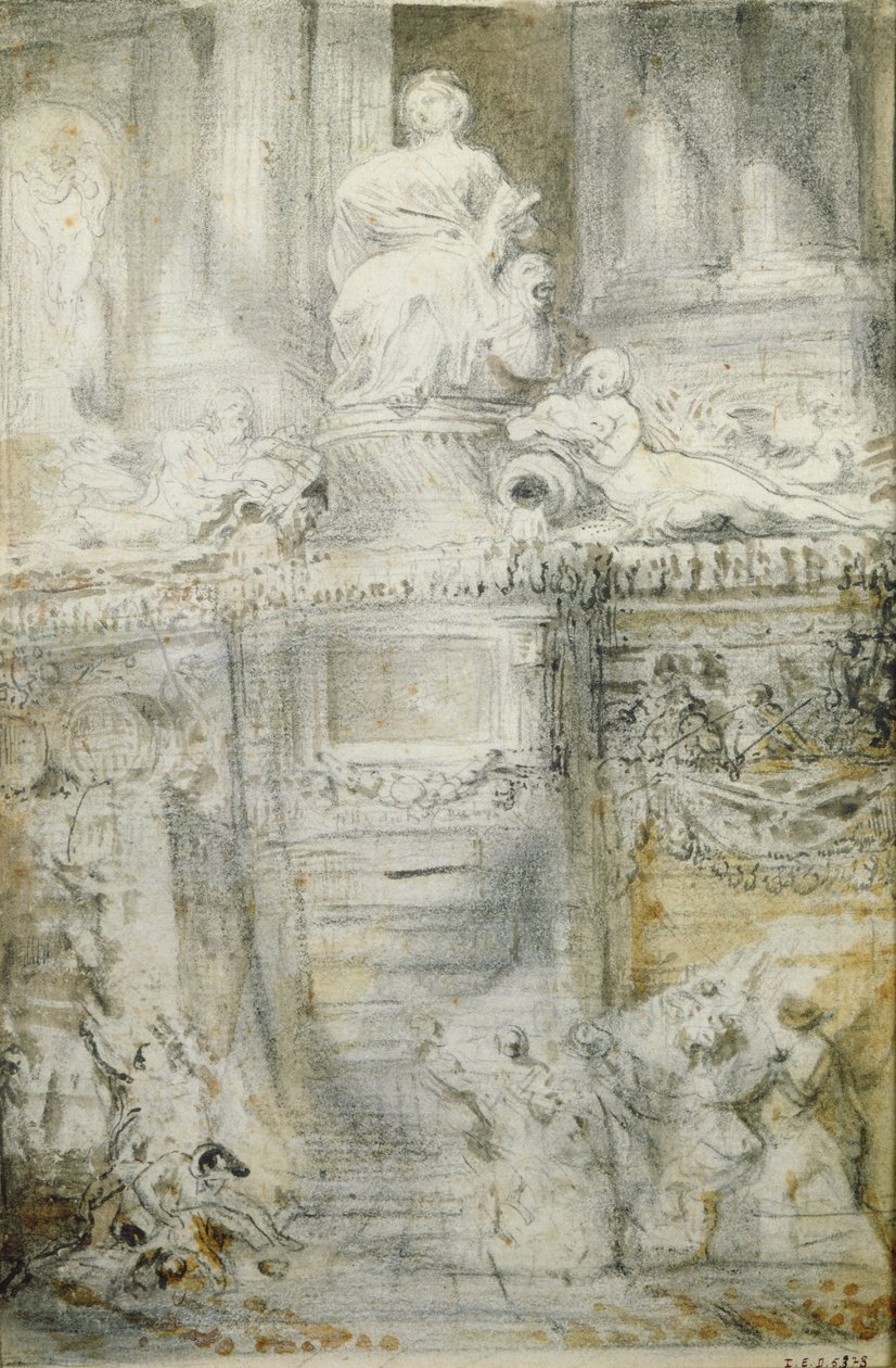 Fontænen på Rue de Grenelle, 1777 (pen og blæk og wc på papir) af Gabriel de Saint Aubin