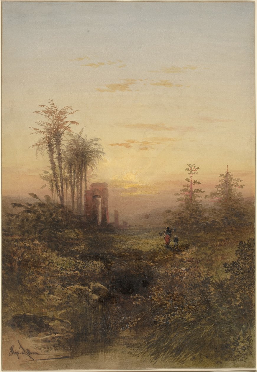 Solnedgang i et orientalsk landskab af Gabriel Hippolyte Lebas