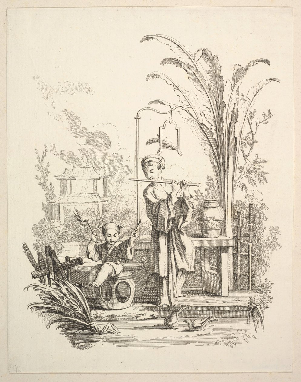 Flautist og en børnepaukespiller, ca. 1742. af Gabriel Huquier