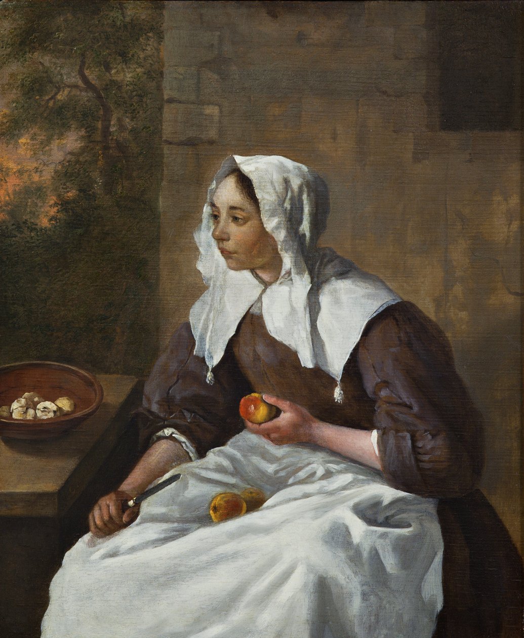 Pige skræller æbler (olie på panel) af Gabriel Metsu