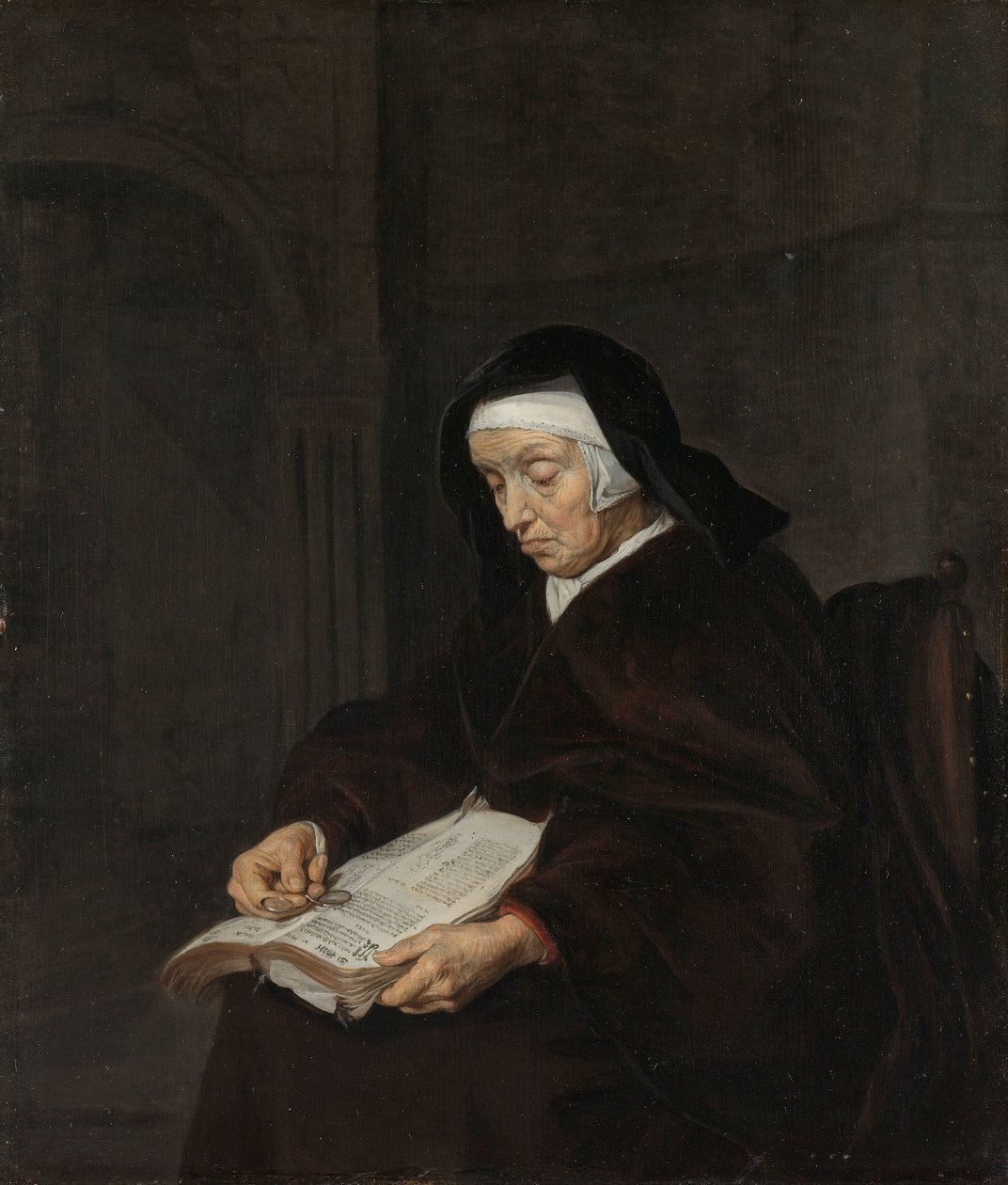 Gammel kvinde mediterer af Gabriel Metsu