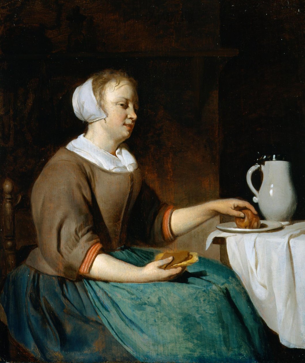 Ung kvinde spiser ved et bord af Gabriel Metsu