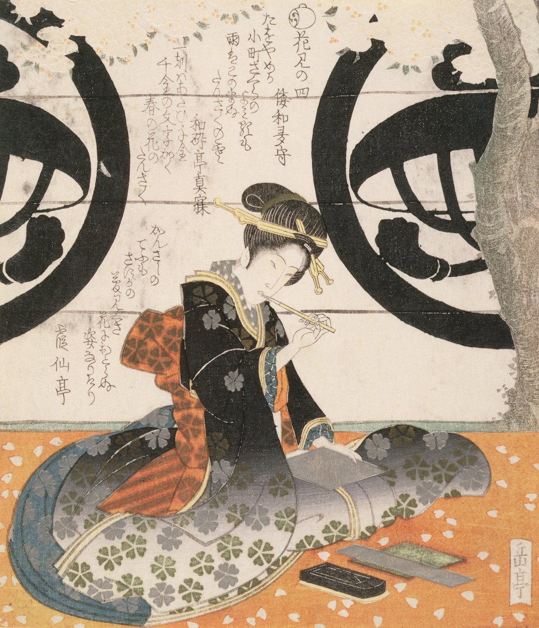 Beauty Viewing Flowers (træbloktryk i farver) af Gakutei Harunobu