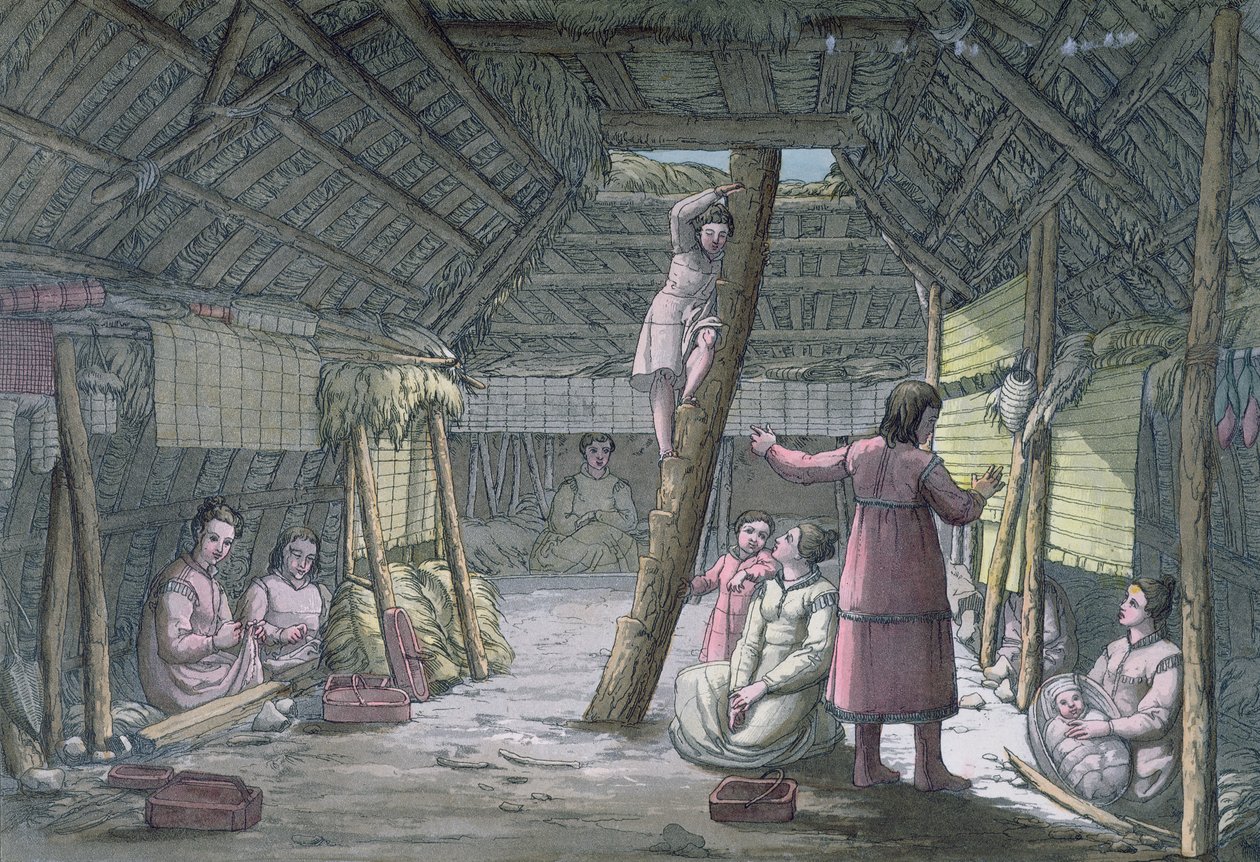 Interiør af et hus i Unalaska, illustration fra "Le Costume Ancien ou Moderne" af Jules Ferrario, udgivet i Milano ca. 1820 (farvestik) af Gallo Gallina