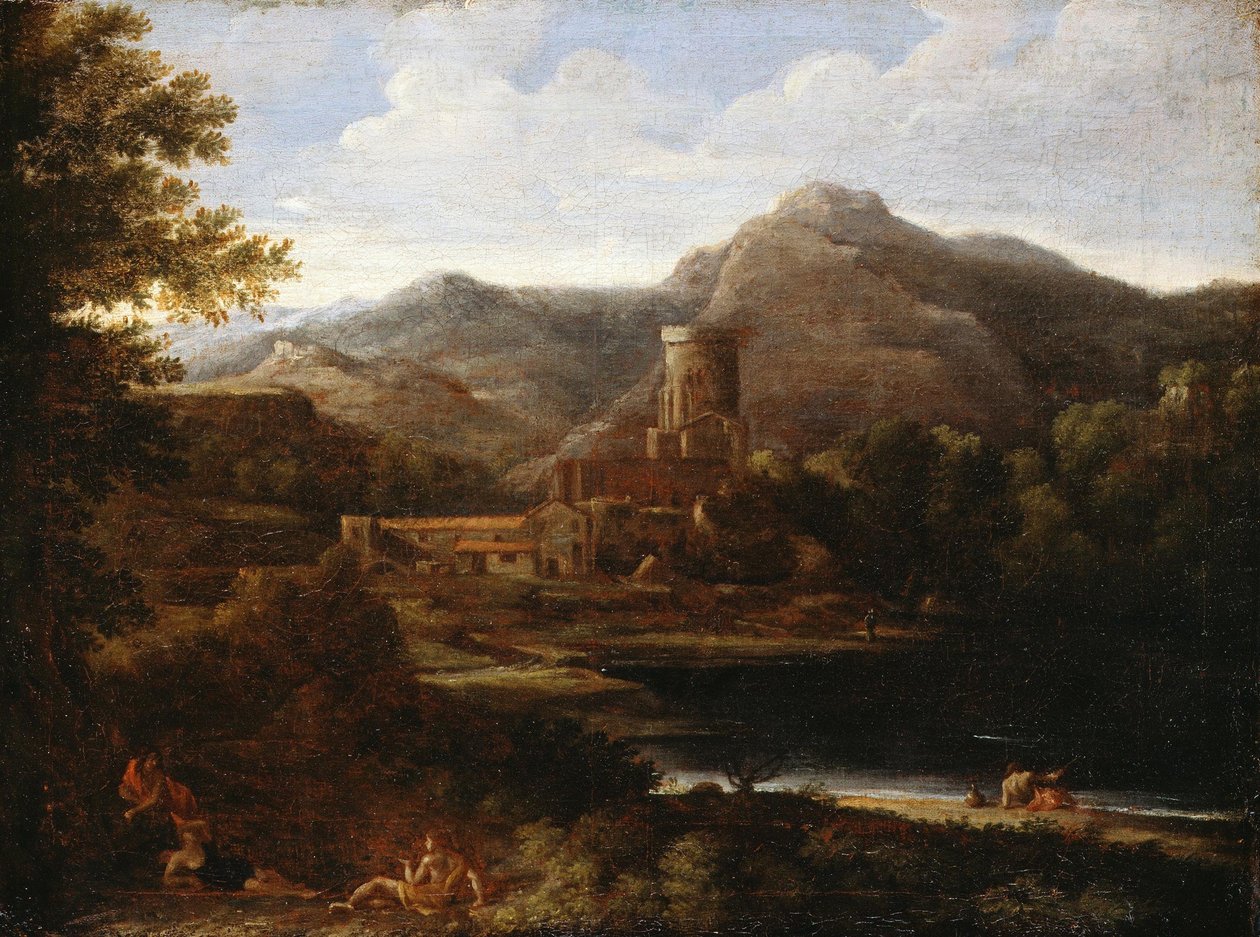 Landsby nær en sø af Gaspard Poussin Dughet