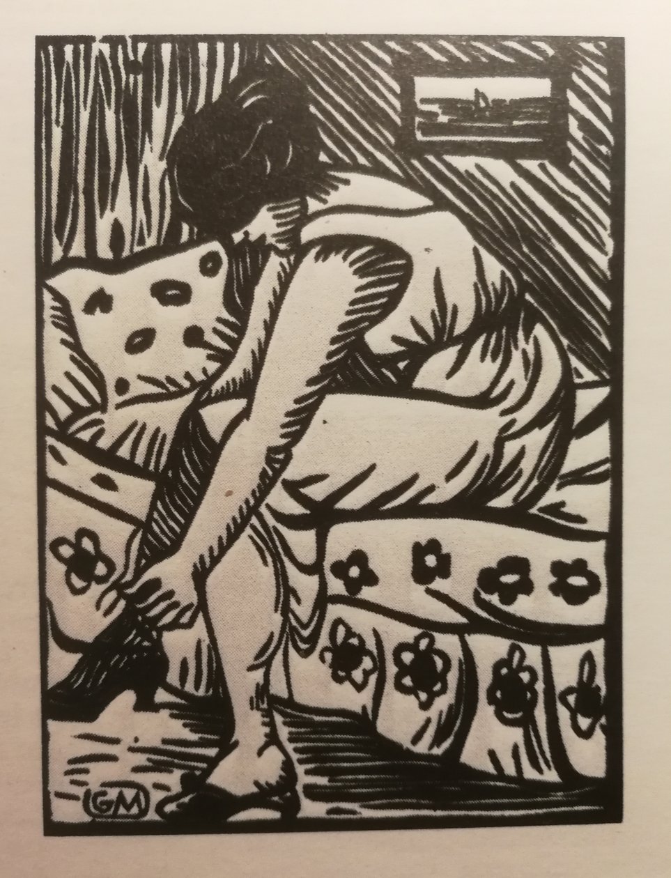 Kvinde trækker sine strømper, trægravering, fra Galerie Barbery (Paris) af Gaspard Maillol