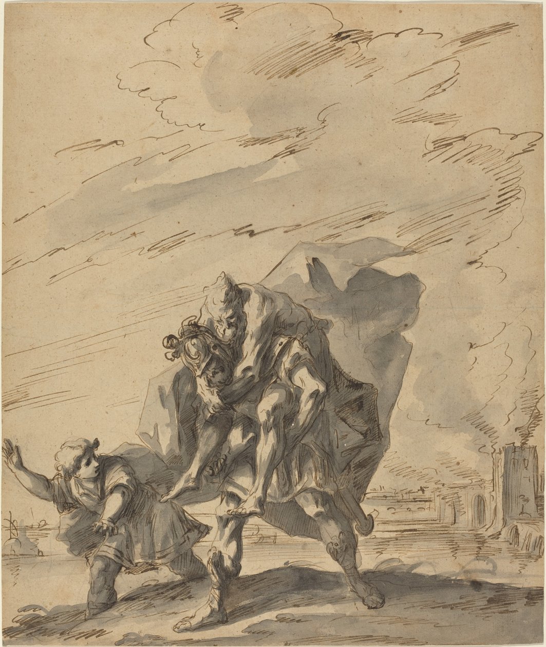 Aeneas bærer anchises fra Burning Troy af Gaspare Diziani