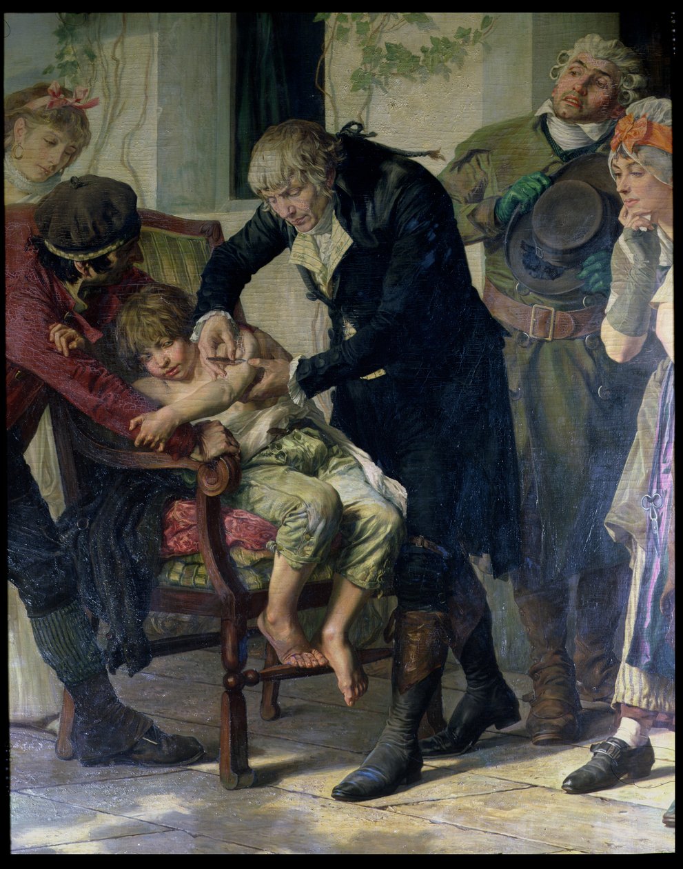 Edward Jenner (1749-1823), der foretager den første vaccination mod kopper i 1796, 1879 (detalje) af Gaston Melingue