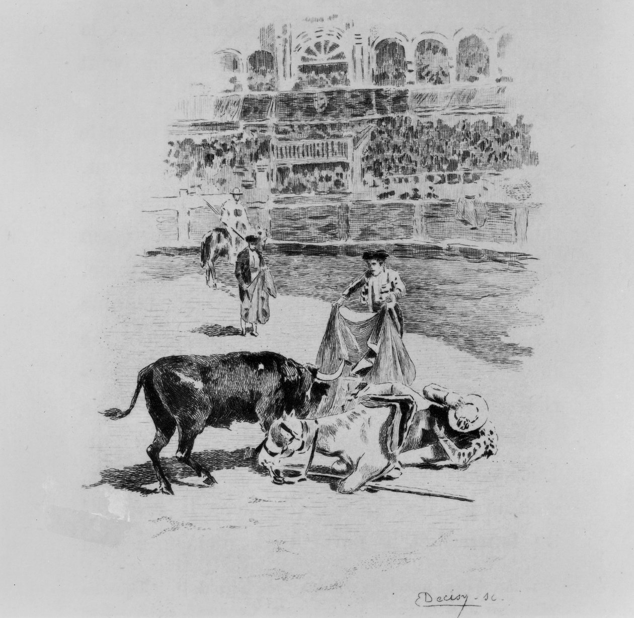 The Fall of a Picador, en illustration fra Carmen af Prosper Merimee (1803-70) indgraveret af Eugene Decisy (1866-c.1936) af Gaston Vuillier