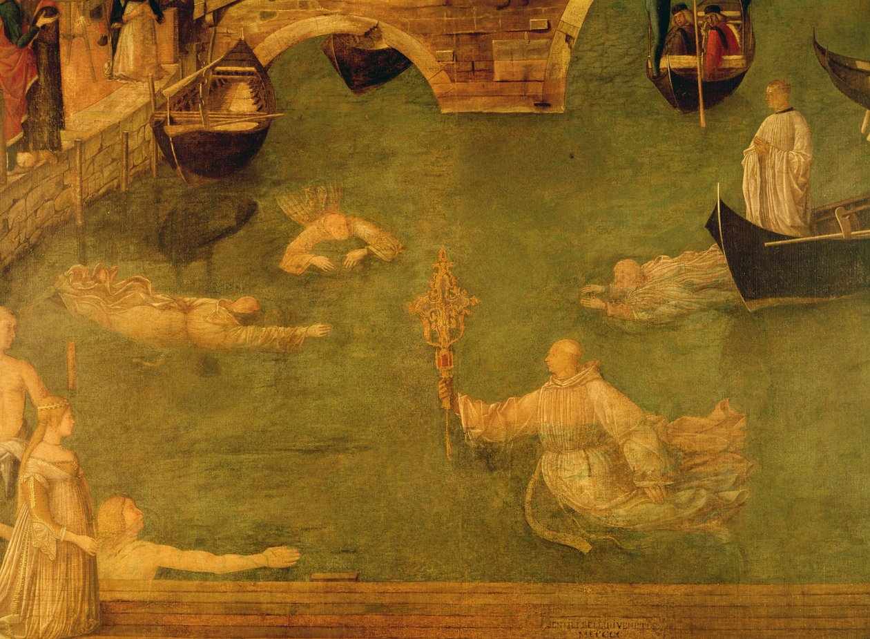 Miracle of the Cross ved S. Lorenzo-broen, detalje af munke, der svømmer, 1500 tempera på lærred af Gentile Bellini