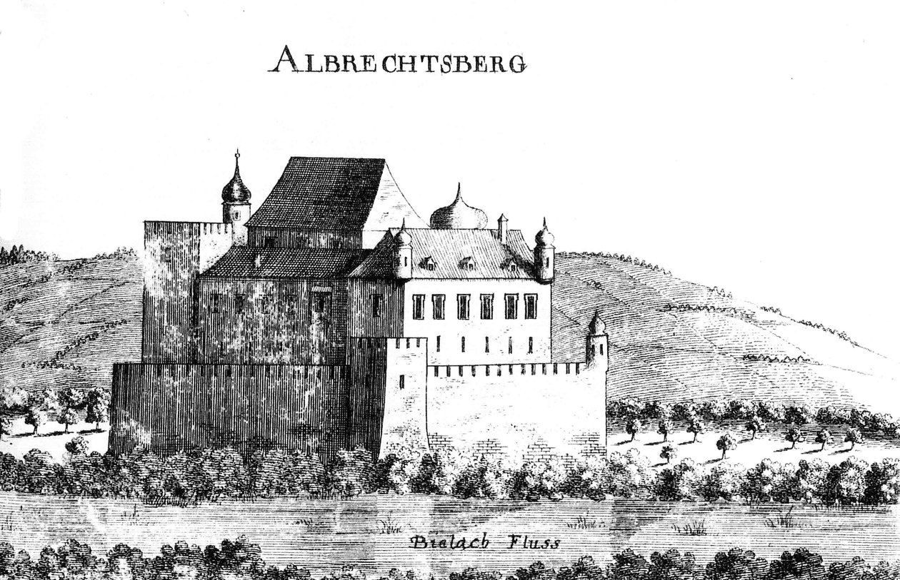 Vischer -gravering af Albrechtsberg Slot omkring 1672 af Georg Matthaus Vischer