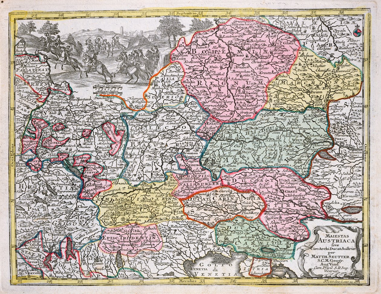 Kort over det østrigske imperium, ca. 1750 (farvestik) af Georg Matthäus Seutter