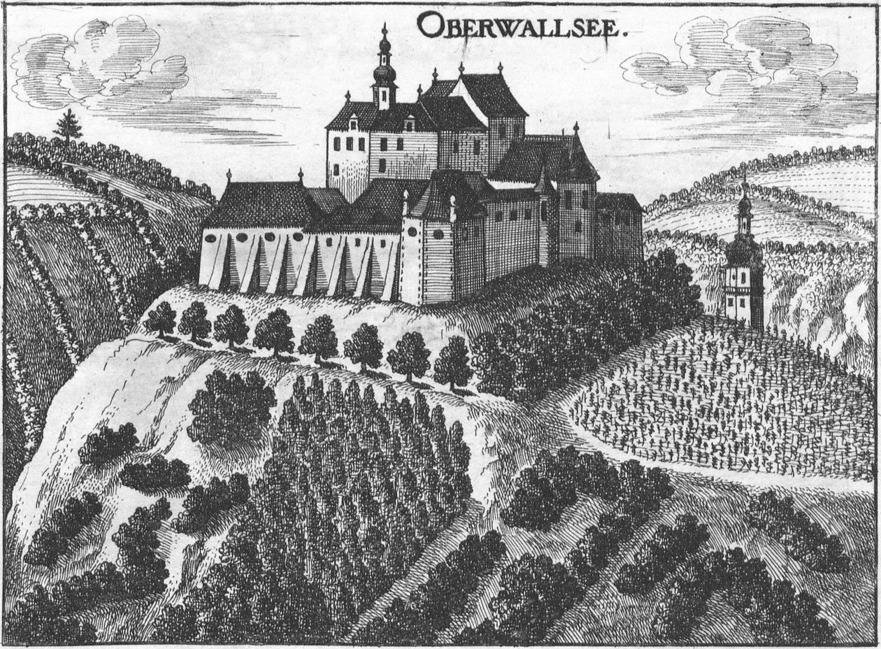 Gravering, udsigt over Oberwallsee slot, Øvre Østrig af Georg Matthäus  Vischer