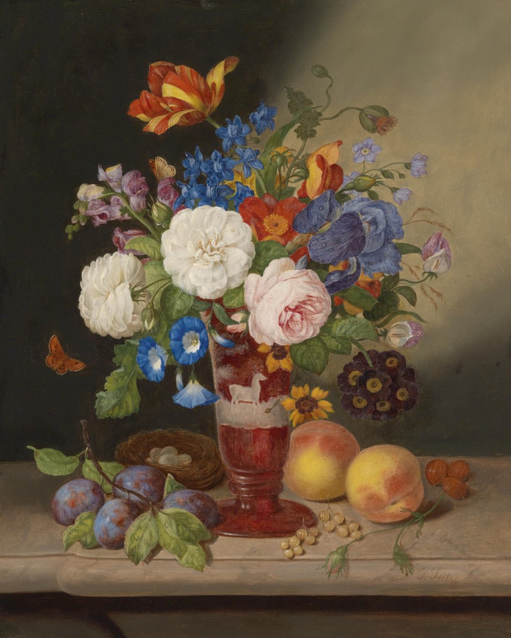 Buket blomster i en vase omgivet af frugter af Georg Seitz