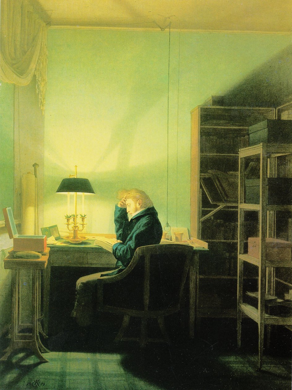 Mand læser i lampelyset af Georg Friedrich Kersting