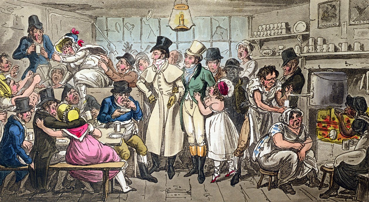 Tom og Jerry på en kaffebar nær Olympic Theatre, Strand, Midnight, offentliggjort i "Life in London", 1820 (akvatint) af Isaac, Robert and George Cruikshank