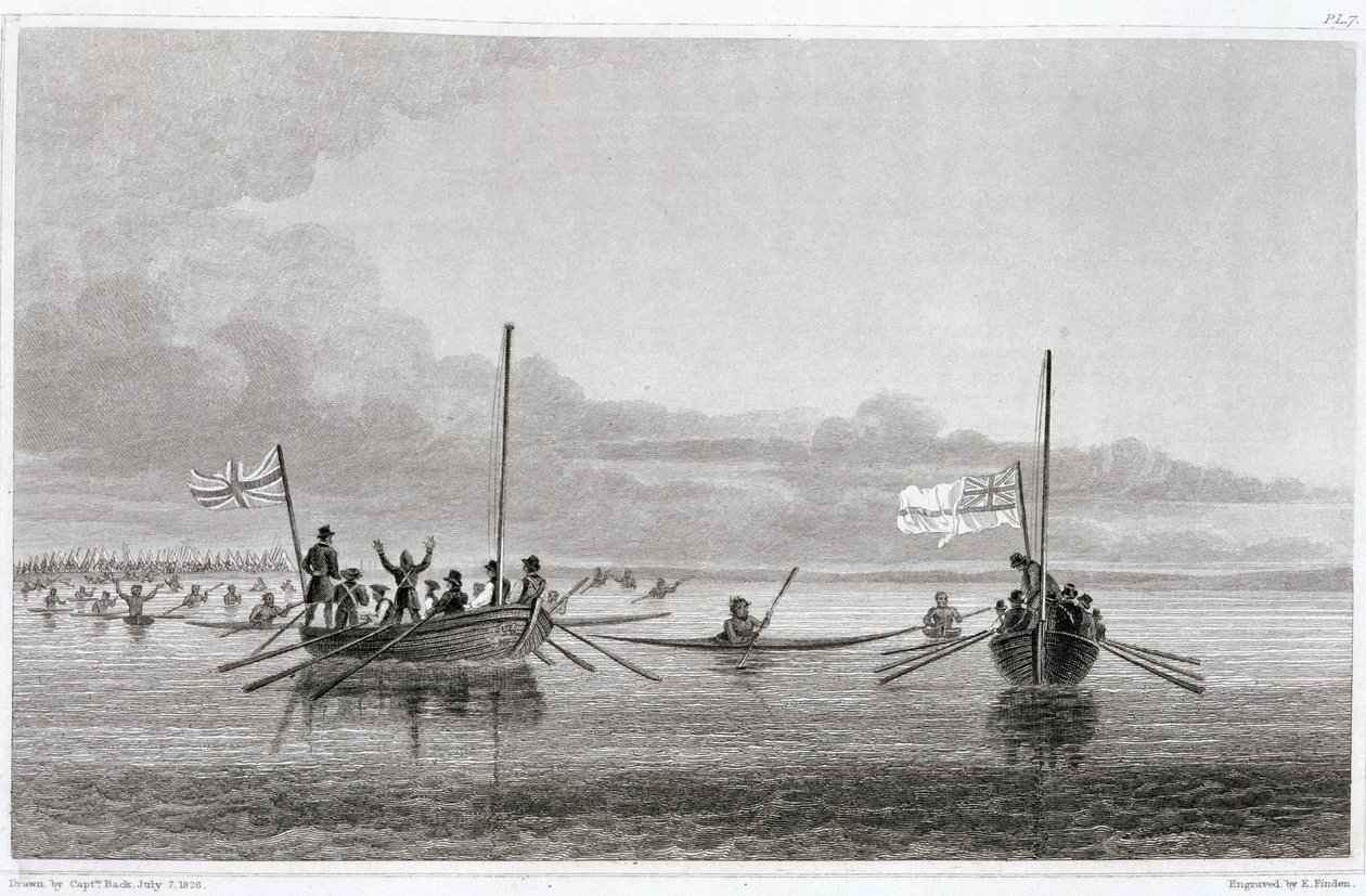 Eskimaux på vej mod bådene i Shoalwater Bay, 7. juli 1826, fra "Narrative of a Second Expedition to the Shores of the Polar Sea in the Years 1825-27" af Sir John Franklin (1786-1847), graveret af George Back