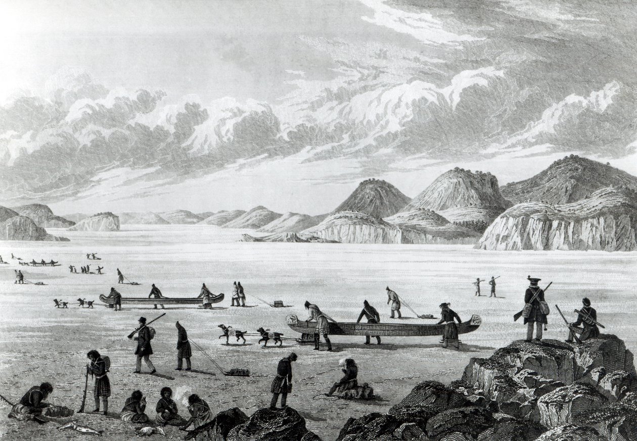 Ekspedition, der går gennem Point Lata på isen, indgraveret af Edward Francis Finden (1791-1857) 25. juni 1821 af George Back