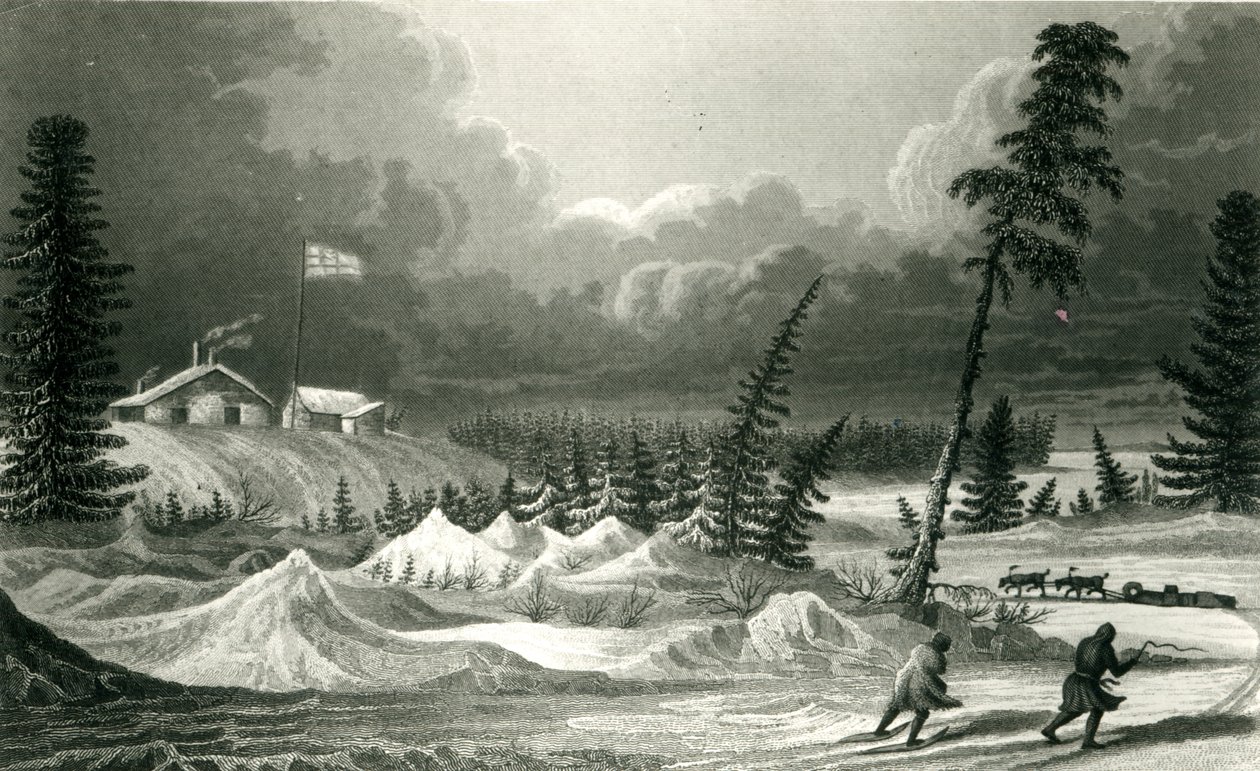 Vinterudsigt over Fort Franklin, indgraveret af Edward Francis Finden (1791-1857) maj 1828 af George Back