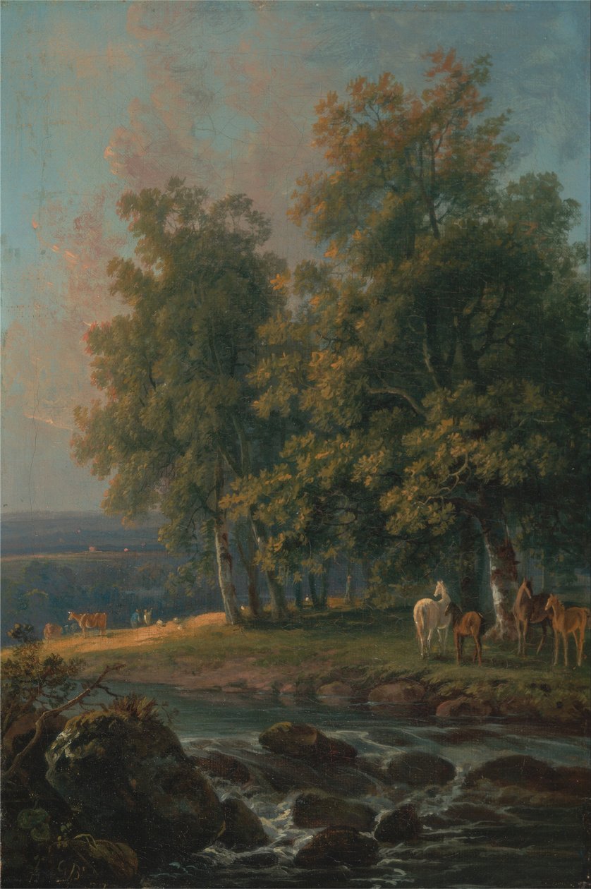 Heste og kvæg ved en flod af George Barret