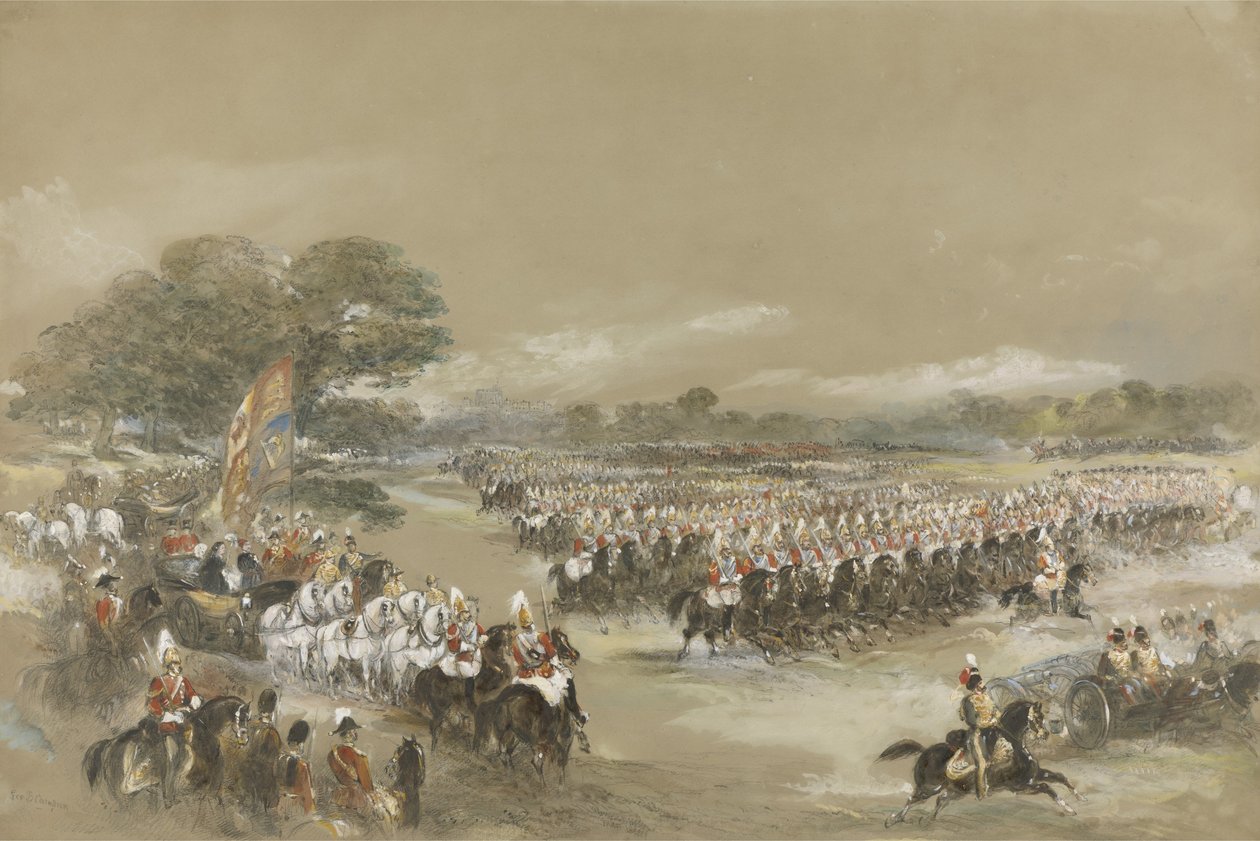 Kongelig anmeldelse hos Windsor, Dronning Victoria og Khedive Ismail Pashe af Egypten, 26. juni 1868 (wc, gouache og sort kridt) af George Bryant Campion