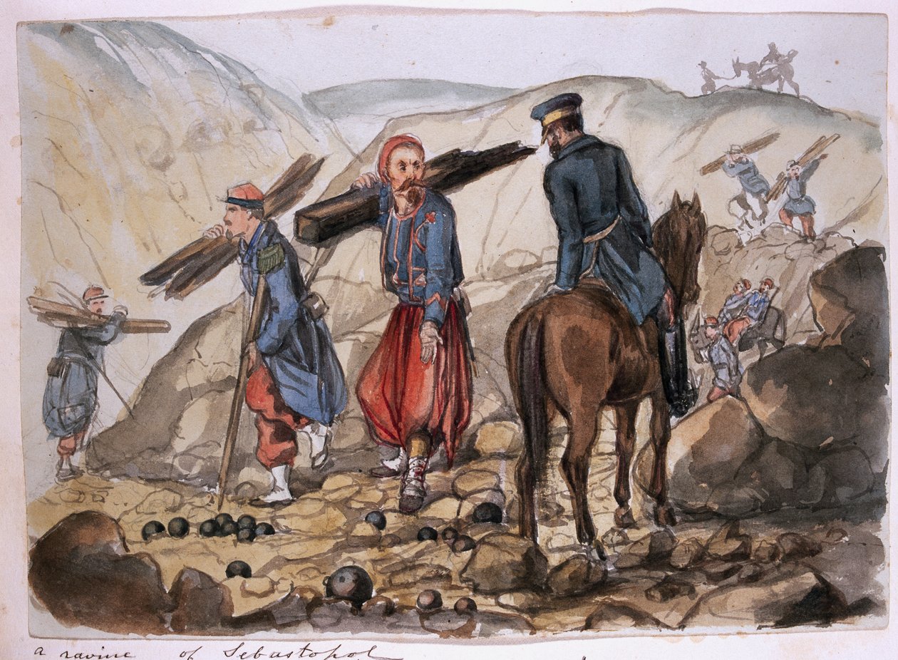 En kløft af Sebastopol efter eksplosionen i mamelon vert: en Zouave samler træ fra resterne fra et album med malerier og skitser kendt som 