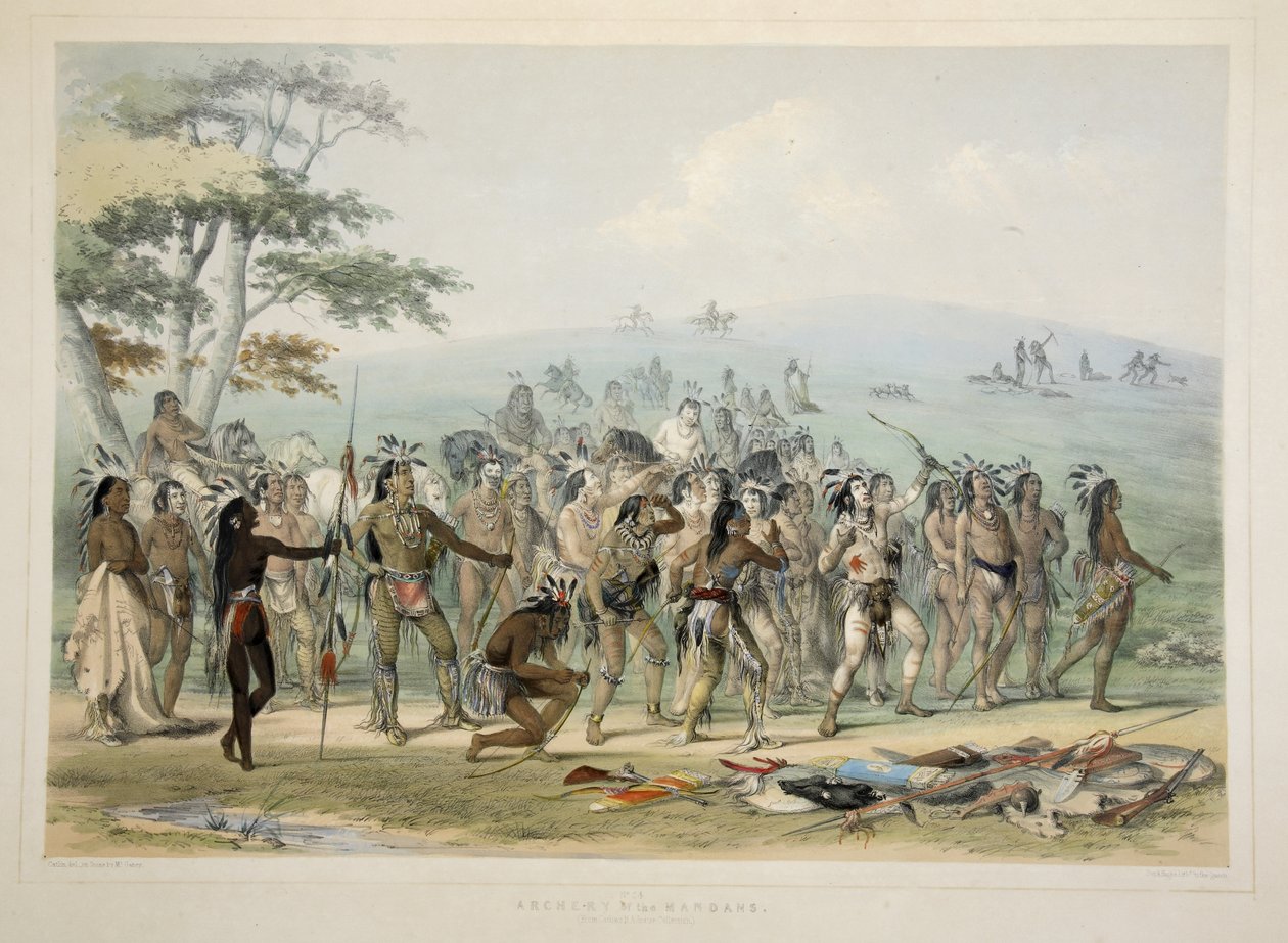 Archery of the Mandans, fra Catlins North American Indian Portfolio. Jagtscener og forlystelser i Rocky Mountains og Prairies of America, pub. 1845 af George Catlin