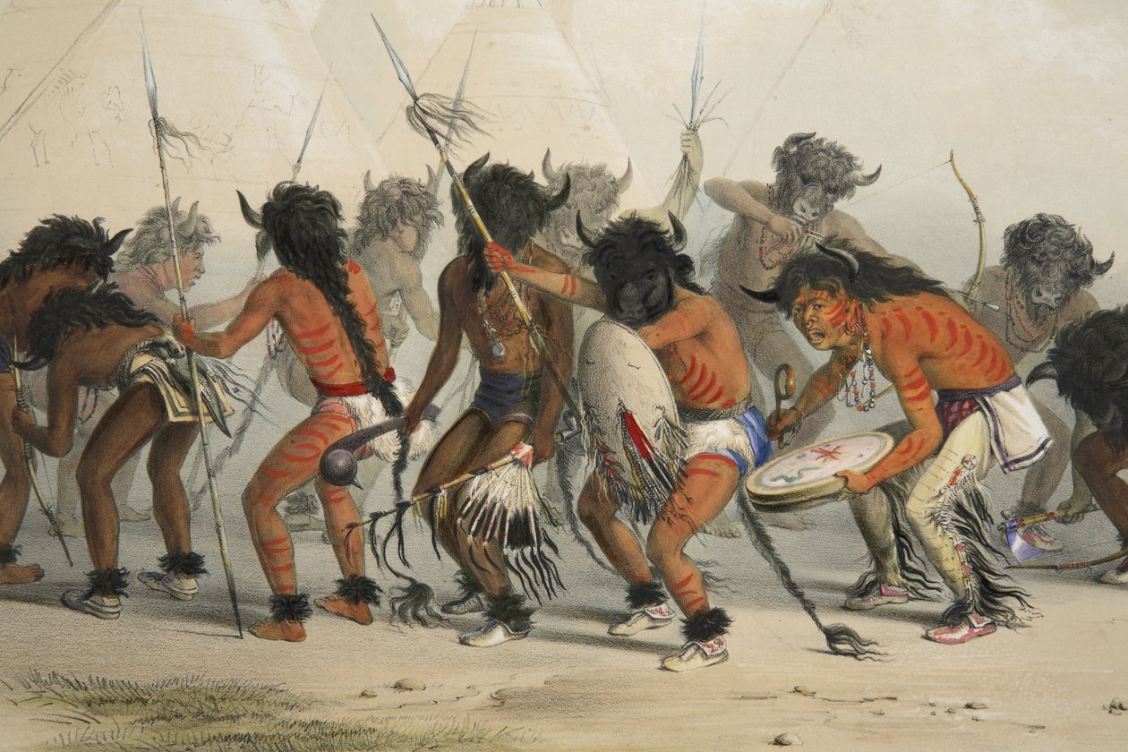 Buffalo Dance (detalje), fra Catlins North American Indian Portfolio. Jagtscener og forlystelser i Rocky Mountains og Prairies of America, pub. 1845 af George Catlin