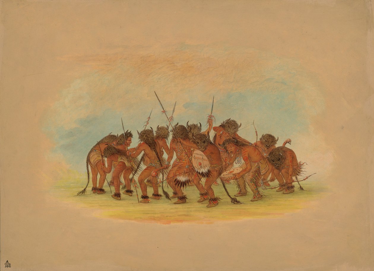 Mandan Buffalo Dance, 1861 (olie på kort monteret på pap) af George Catlin