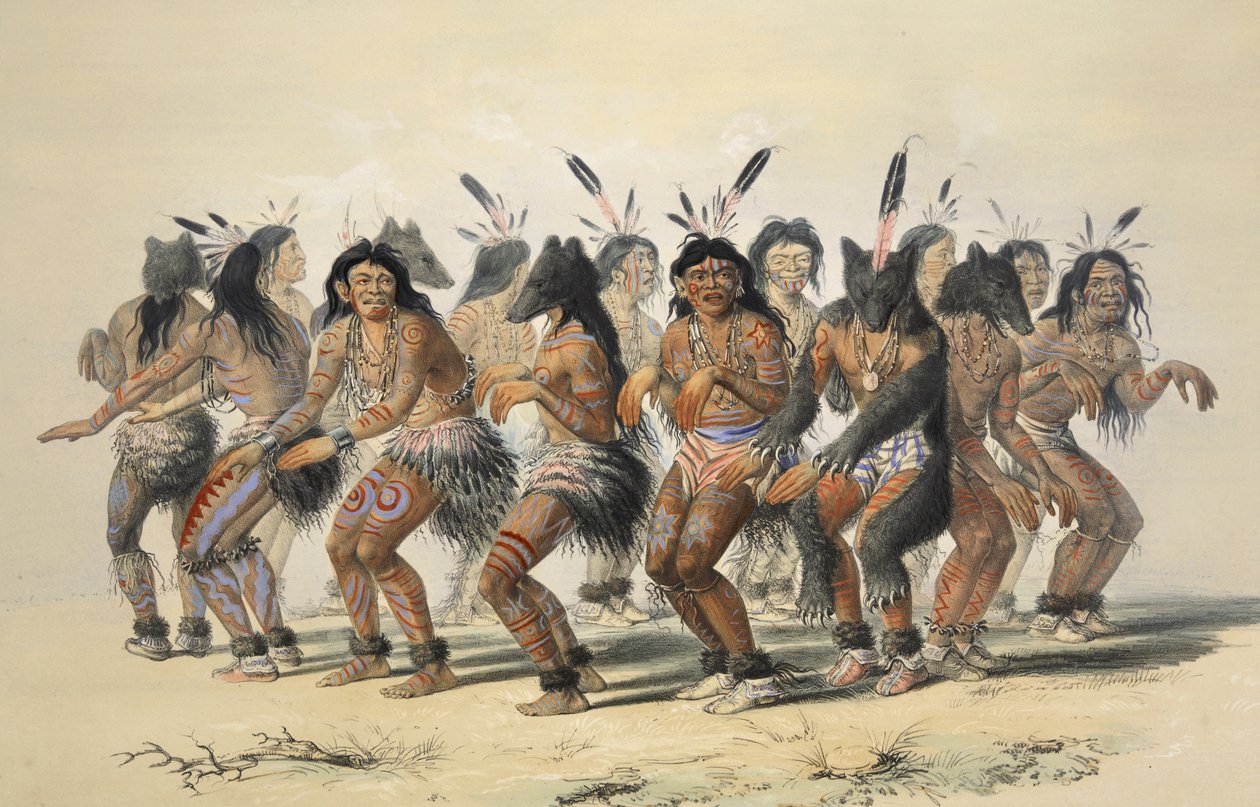 The Bear Dance (detalje), fra Catlins North American Indian Portfolio. Jagtscener og forlystelser i Rocky Mountains og Prairies of America, pub. 1845 af George Catlin