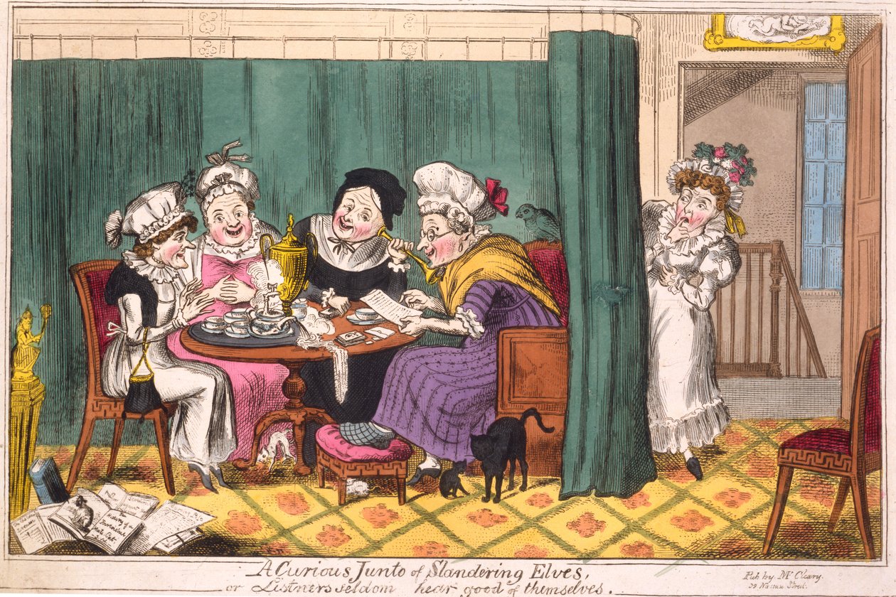 En nysgerrig Junto af bagtalende elvere, eller, lytterne hører sjældent godt om sig selv, 1817 (håndfarvet gravering) af George Cruikshank