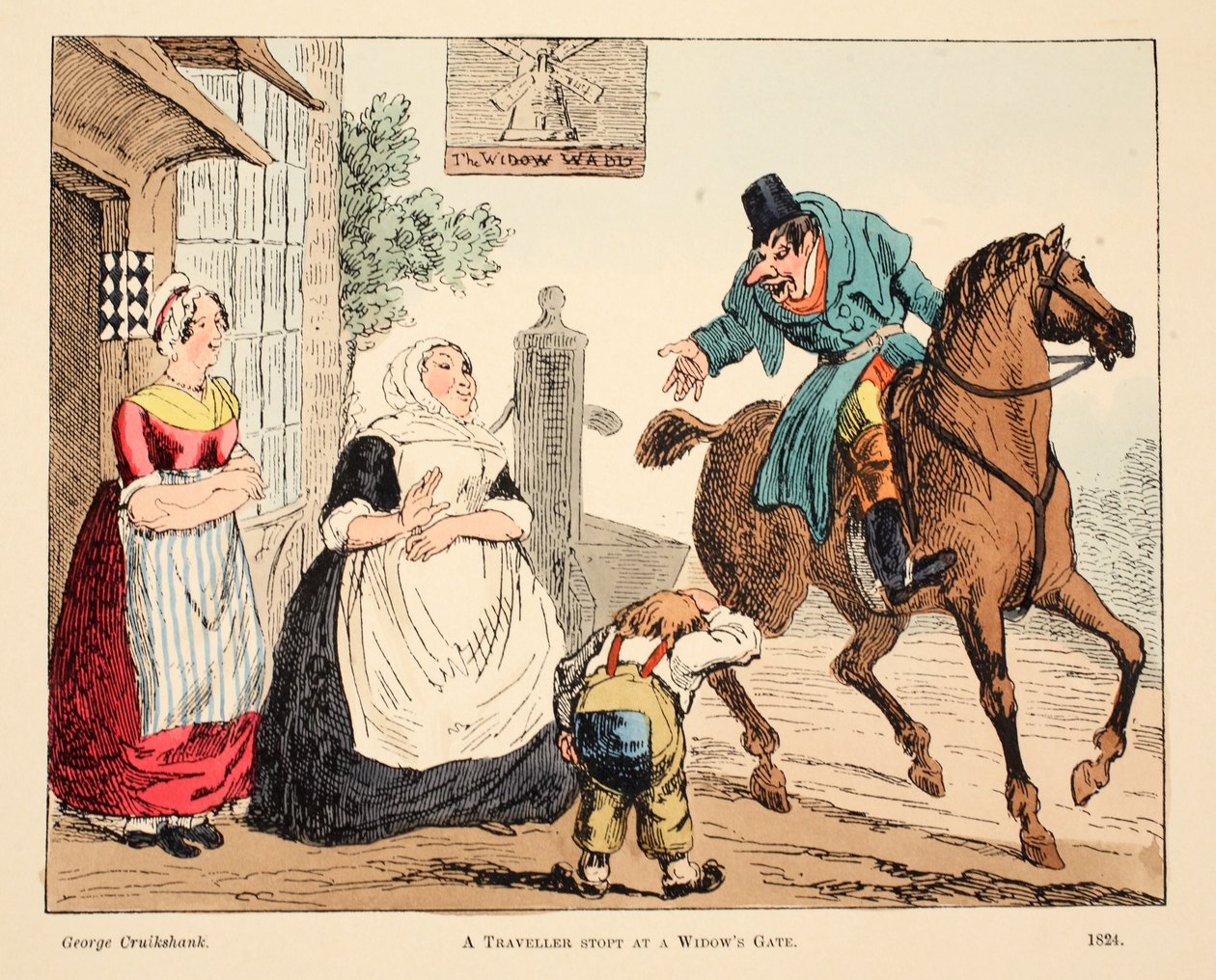 En rejsende stopper ved en enkeport, pub. 1824 (håndfarvet gravering) af George Cruikshank