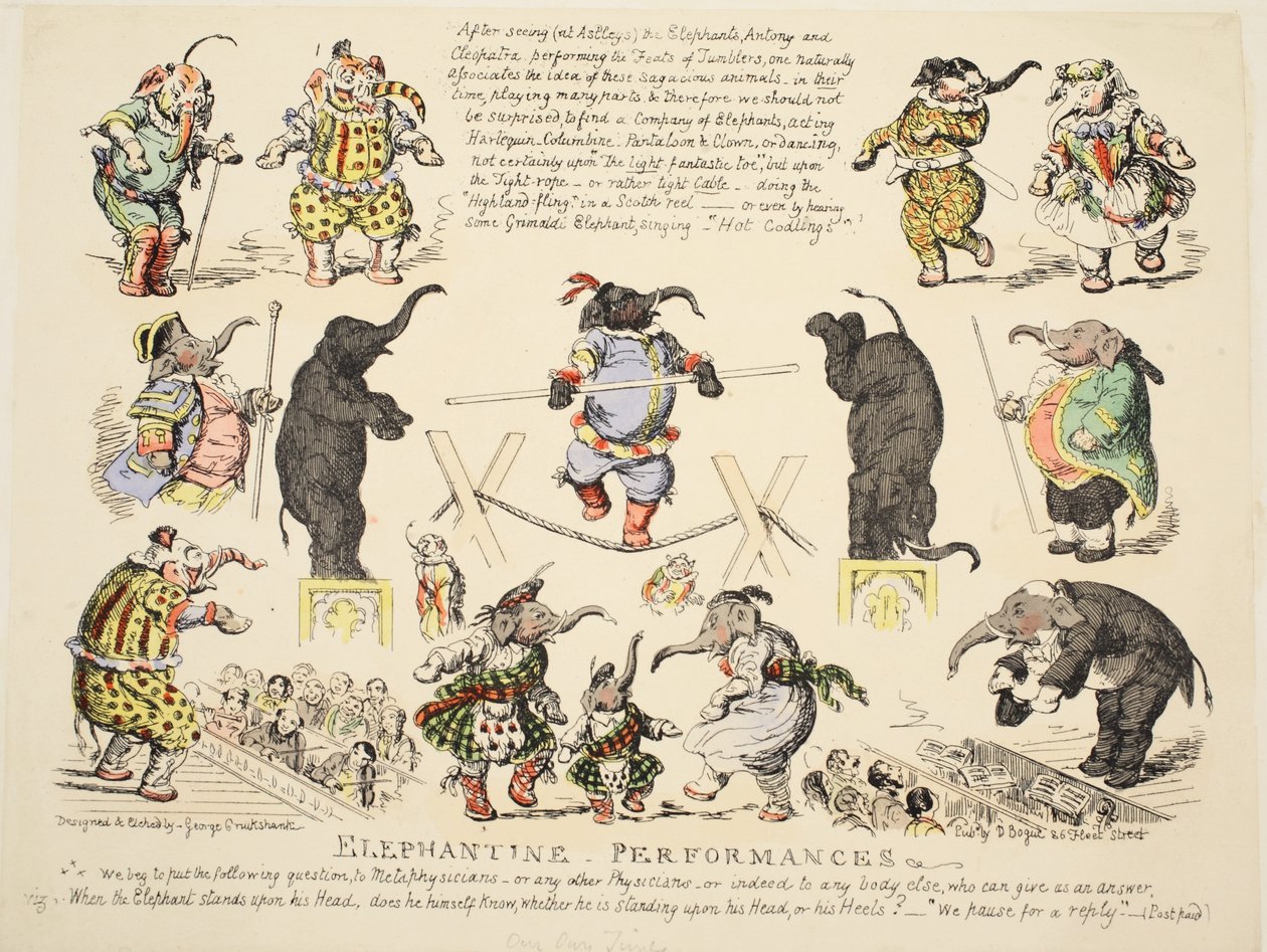 Elephantine Performances, pub. ca. 1854 (håndfarvet radering) af George Cruikshank