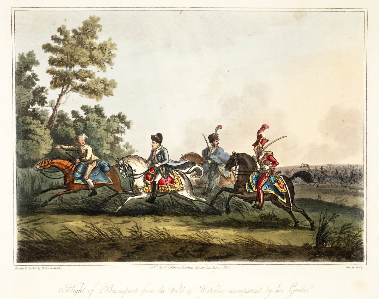 Flight of Buonaparte fra feltet Waterloo ledsaget af sin guide, engr Rouse, pub H. Colburn, 1816 af George Cruikshank