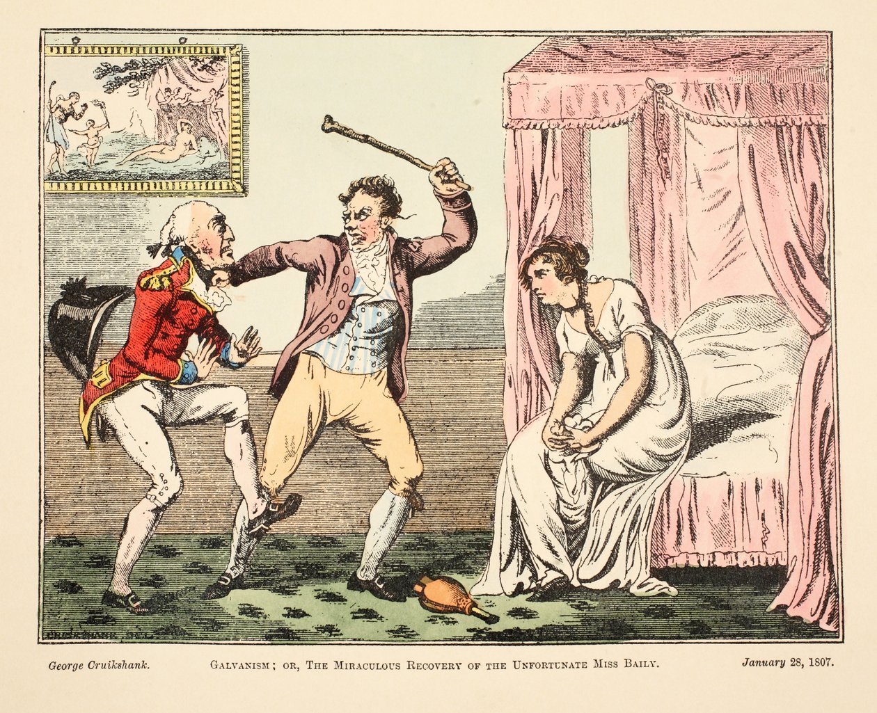 Galvanism; or the Miraculous Recovery of the Unfortnate Miss Baily, pub. 1807 (håndkoloreret gravering) af George Cruikshank