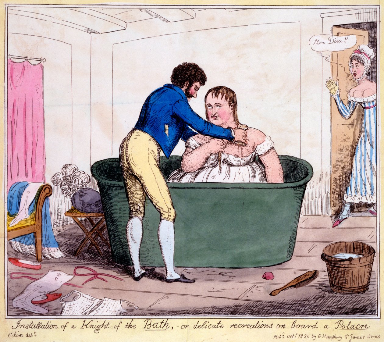 Installation af en ridder af Bath, eller delikate rekreationer om bord på en Polacre, 1820 (håndkoloreret stik) af George Cruikshank