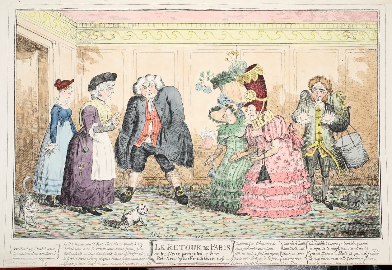 Le Retour de Paris, eller niecen præsenteret for sine slægtninge af hendes franske guvernante, 1816 (håndfarvet gravering) af George Cruikshank