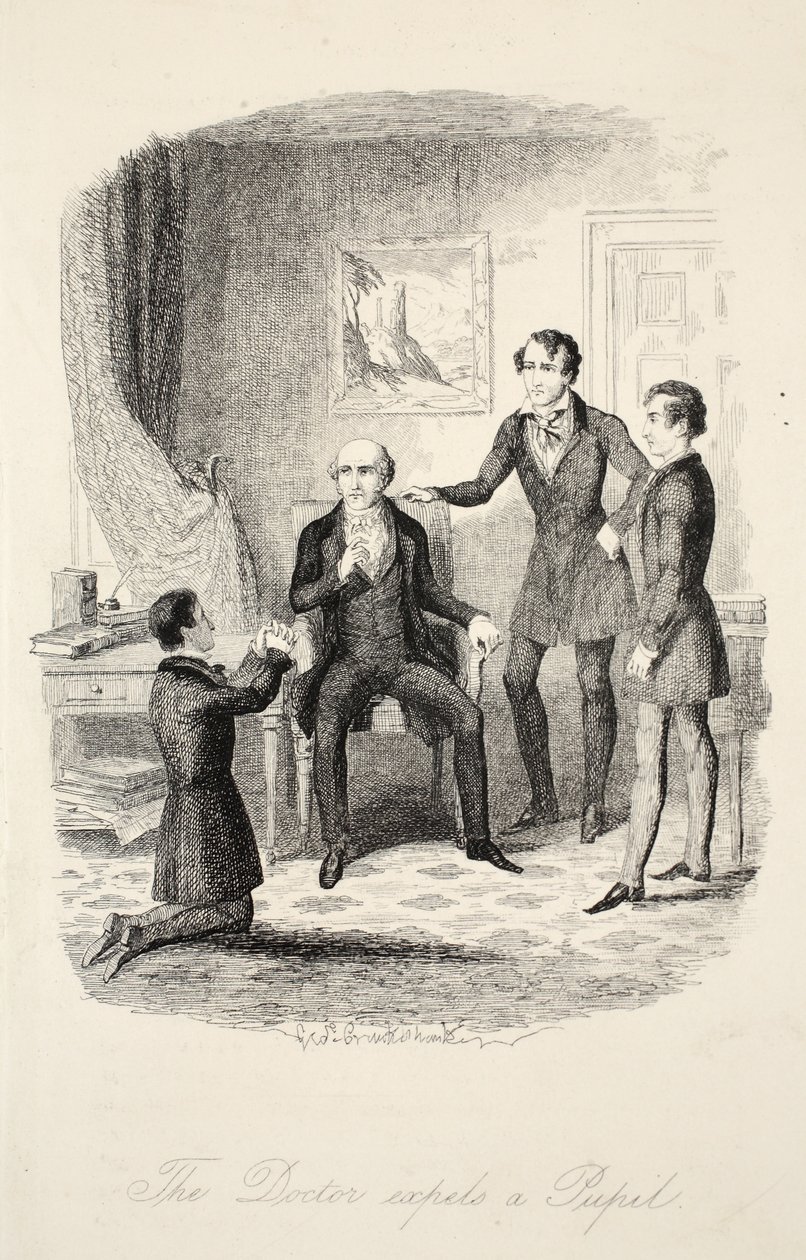 The Doctor Expels a Pupil, fra Frank Fairleigh eller Scenes From the Life of a Private Pupil, pub. ca. 1870 af George Cruikshank