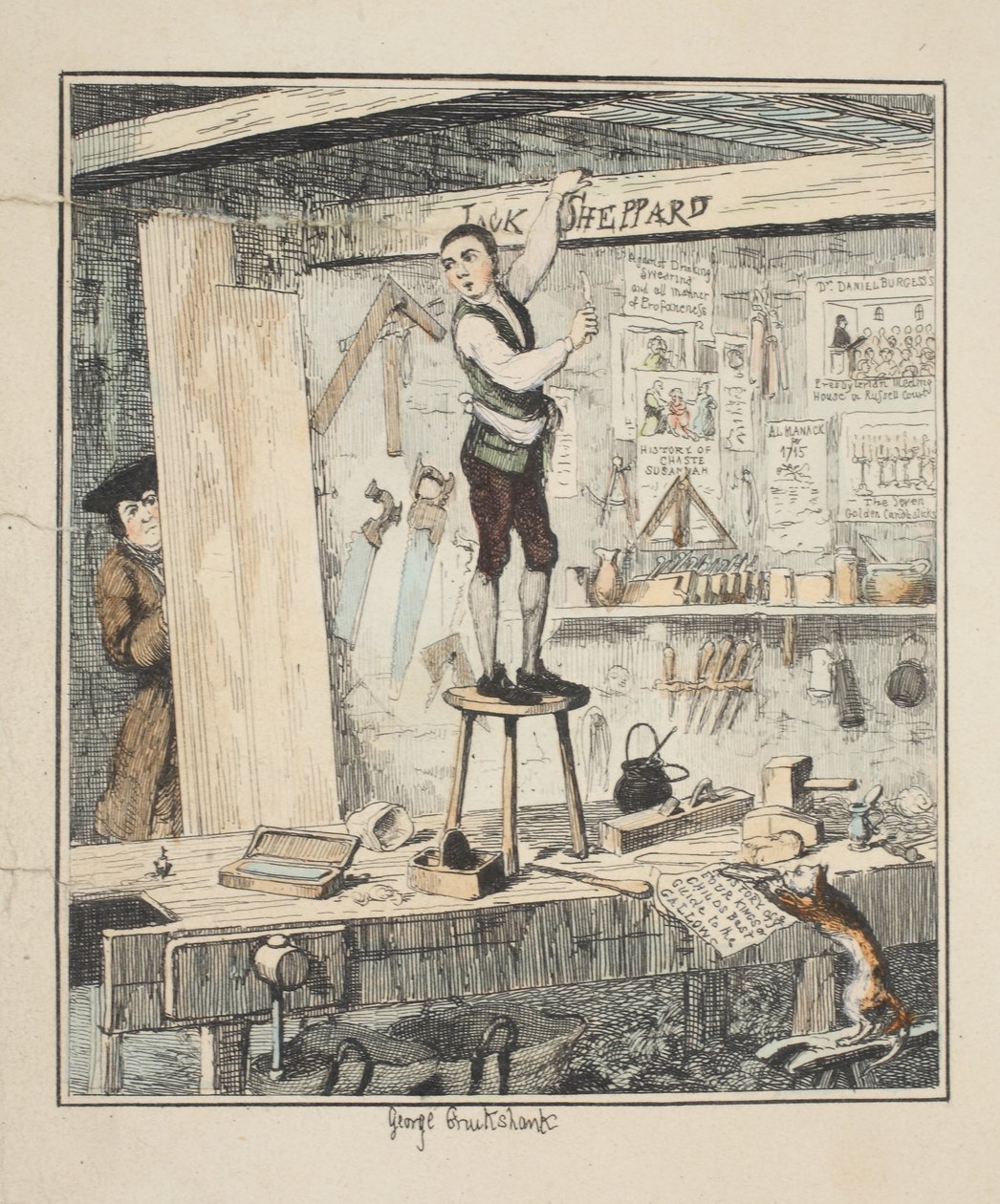 The Name on the Beam, illustration fra Jack Sheppard: A Romance af William Harrison Ainsworth, udgivet 1839 (håndfarvet radering) af George Cruikshank
