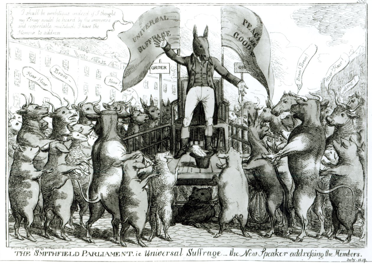 Parlamentet i Smithfield: Universal Suffrage, udgivet af Thomas Tegg, juli 1819 af George Cruikshank