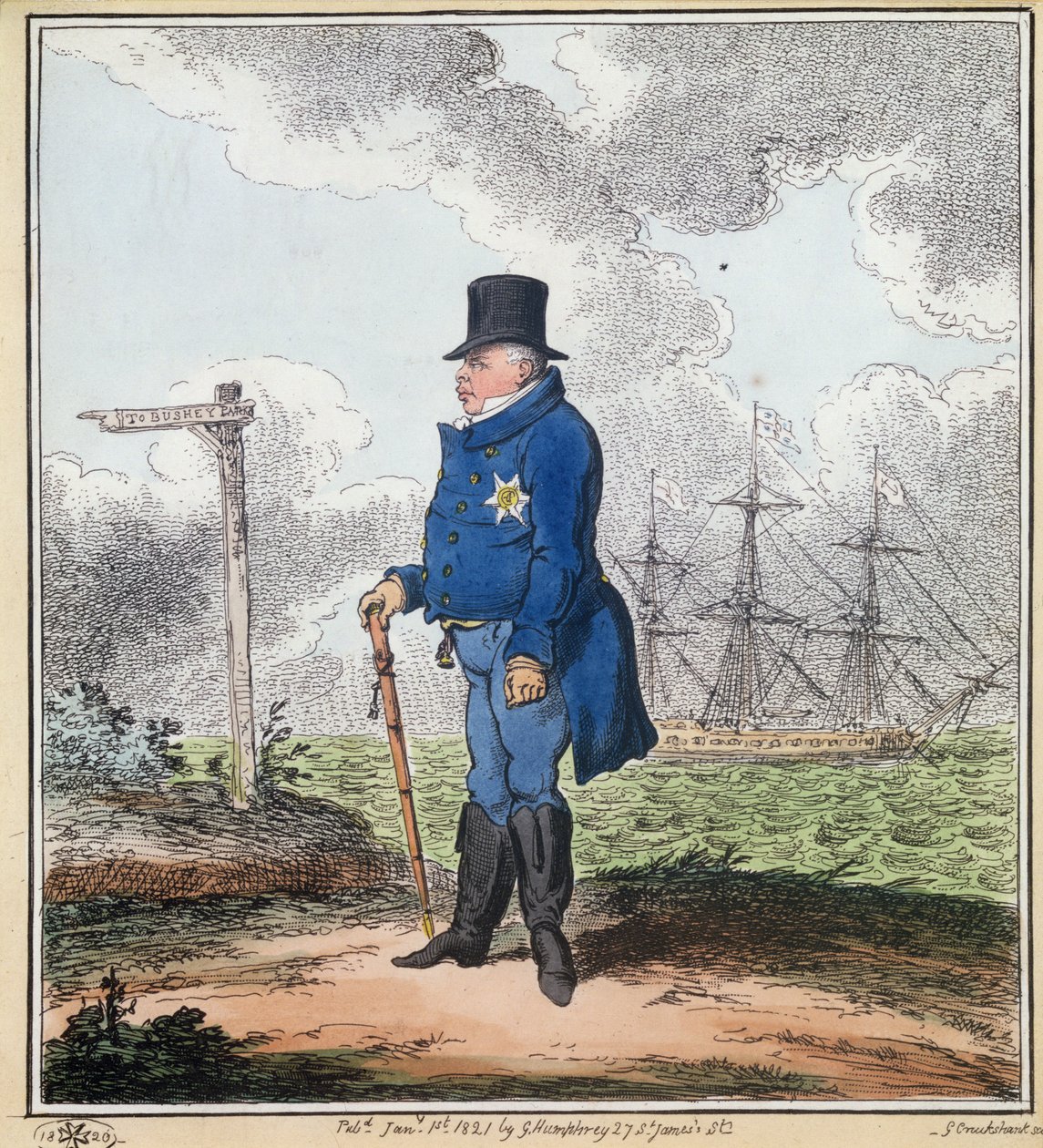 Vejen til Bushey, 1820 (håndkoloreret gravering) af George Cruikshank