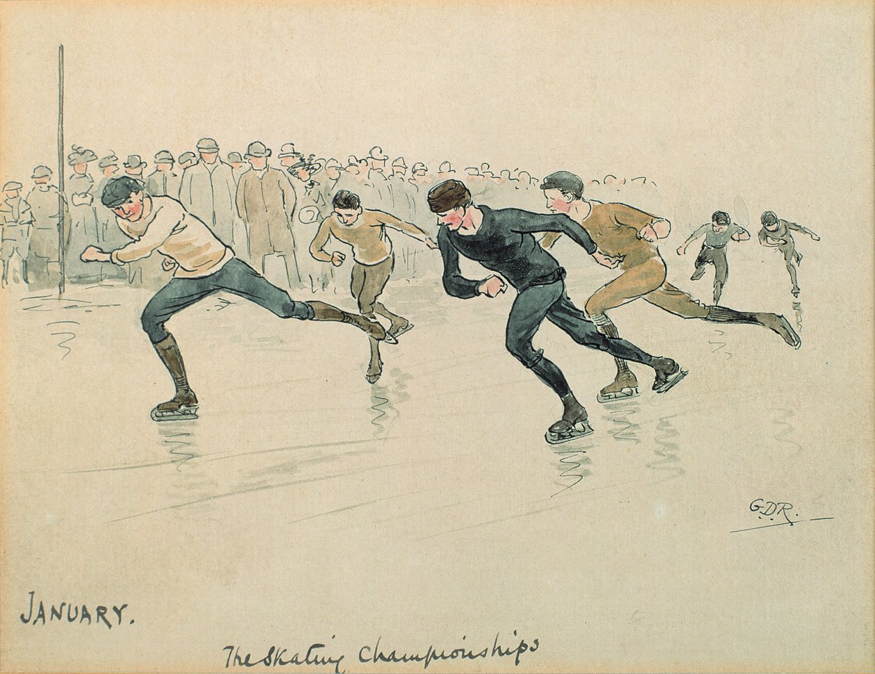 Januar måned: Skøjteløb (pen og blæk og wc på papir) af George Derville Rowlandson