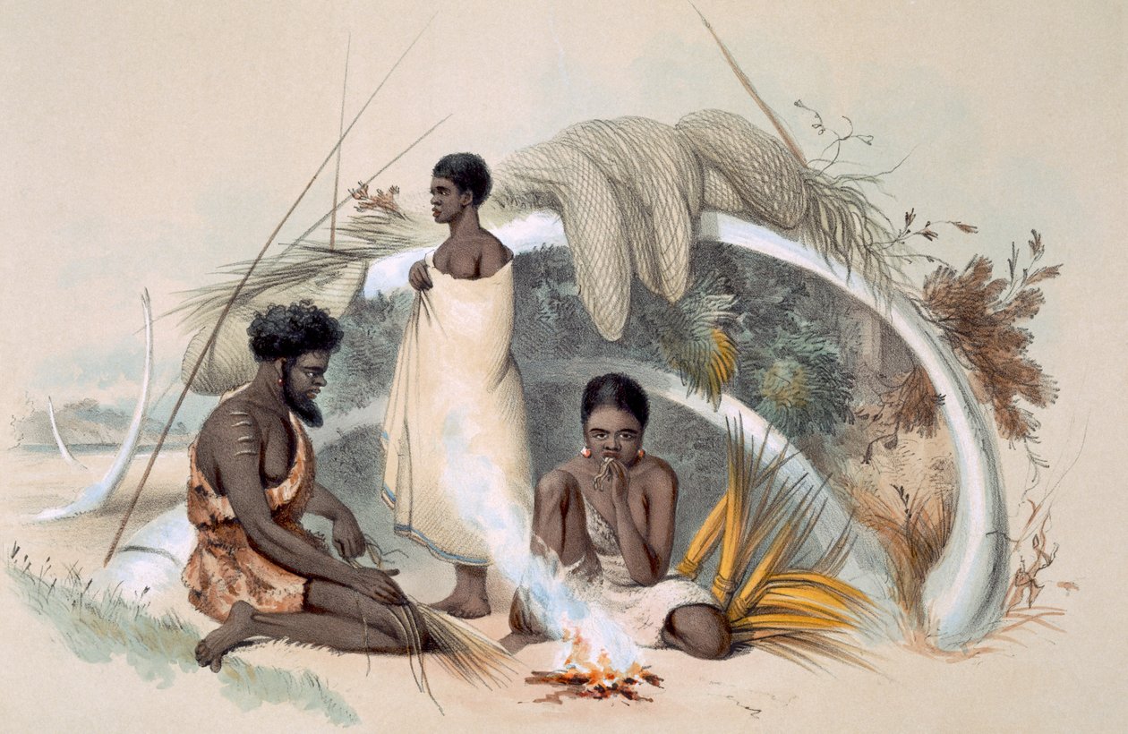 Natives of Encounter Bay, der laver snor til fiskenet i en hytte dannet af ribben af en hval, fra 